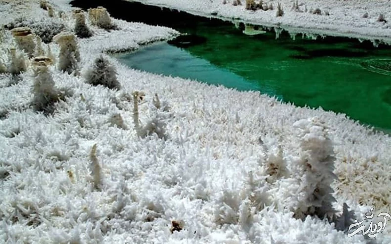 دریاچه ای به رنگ سبز در کنار بلورهای نمک